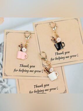 Enamel Mug Pencil Teacher Keychain - Pink, Black, White